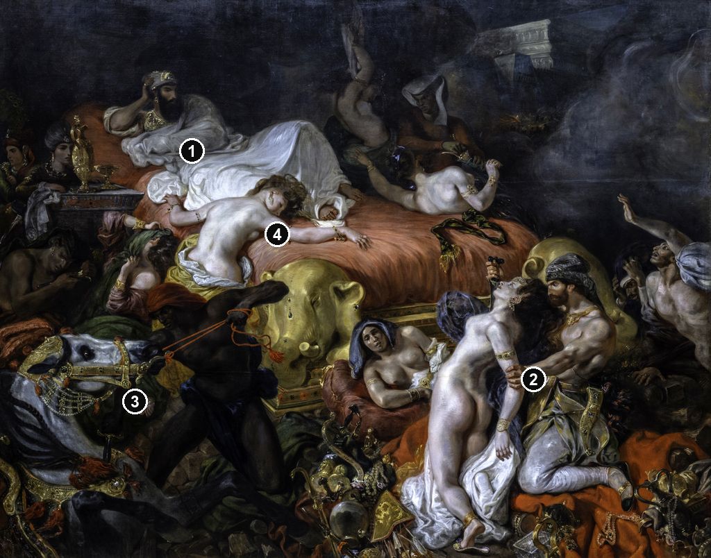Annotated details from Death of Sardanapalus by Eugène Delacroix
